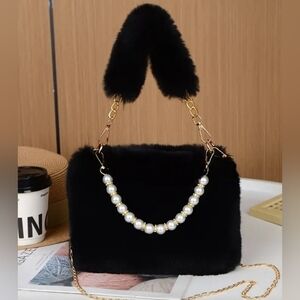 Elegant Black Faux Fur Handbag with Pearl Chain